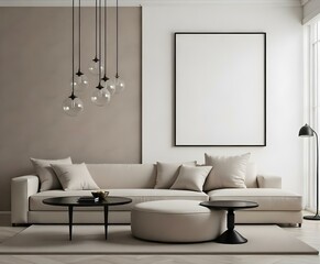 A modern living room featuring a light beige sectional sofa with several cushions, a round ottoman in the center, and a black coffee table. Above, there are four pendant lights with transparent globe