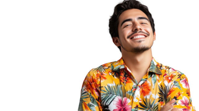 Young latin tourist smiling with folded arms on transparent background