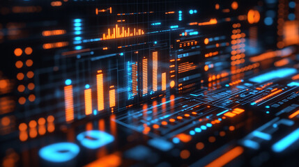 A digital display hologram HUD screen showcasing the Earth from space with an advanced technology interface, bright tones, and a blurred background, offering space for captions or text