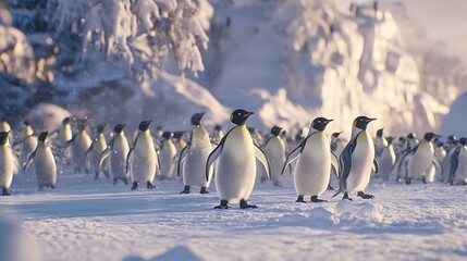 Fototapeta premium Group of Emperor Penguins Marching on Icy Tundra