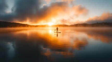 A lone figure paddleboards on a tranquil lake at sunrise, surrounded by mist and the warm glow of the rising sun. A moment of serene beauty and peace. Majestic Sunrise Paddleboarding on a Misty Lake
