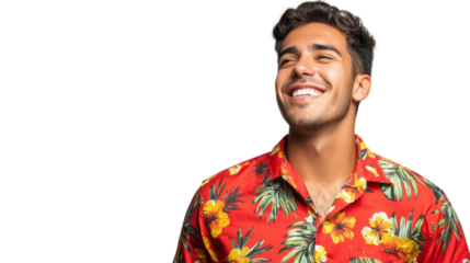 Happy tourist wearing hawaiian shirt smiling and looking up on transparent background
