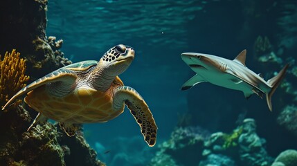 A sea turtle and a shark swimming near a coral reef