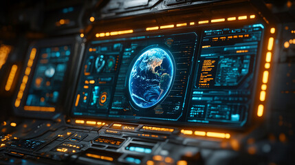 A digital display hologram HUD screen showcasing the Earth from space with an advanced technology interface, bright tones, and a blurred background, offering space for captions or text