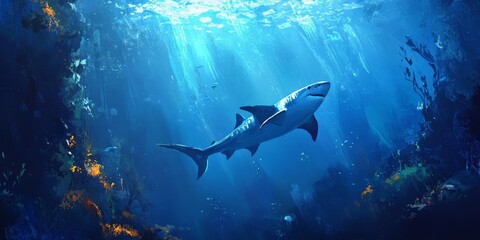 Fototapeta premium A shark swimming through the deep blue ocean