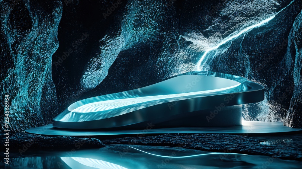 Poster futuristic interior with glowing blue light and metallic platform in a cave setting