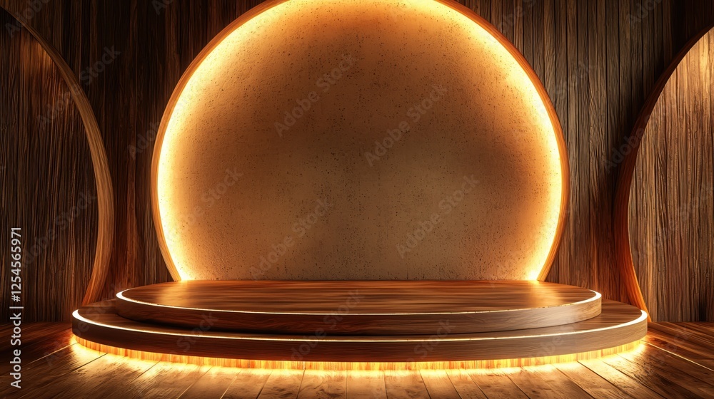 Aufkleber elegant wooden display with warm light and circular backdrop for product showcasing design
