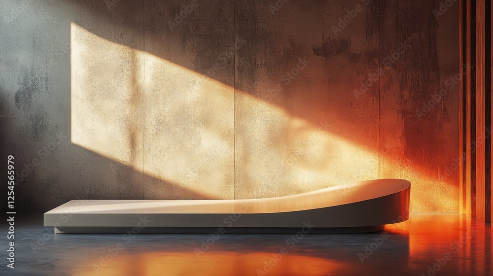 Poster minimalist interior with sunlight casting shadows on a modern platform and textured wall