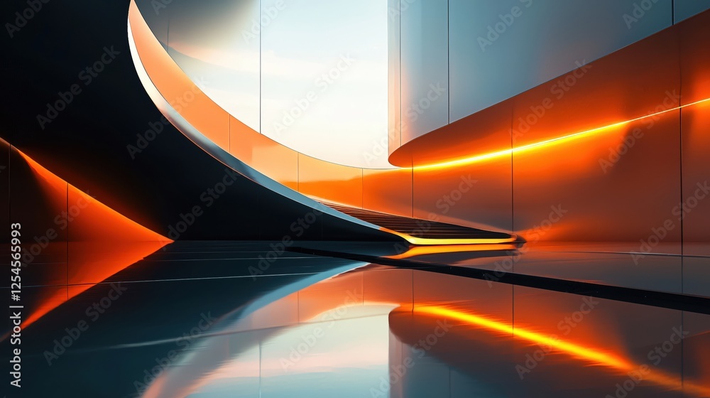 Poster futuristic architecture with orange light and reflections in a modern building interior