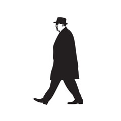Silhouette of a Man in Cloak and Hat Walking Sideways - Vector Illustration