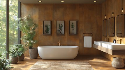 Fototapeta premium Bright rustic bathroom with natural light filtering in highlighting brass framed mirrors and mocha mousse walls