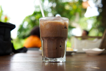 Glass of ice chocolate drink photography