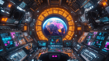 A digital display hologram HUD screen showcasing the Earth from space with an advanced technology interface, bright tones, and a blurred background, offering space for captions or text