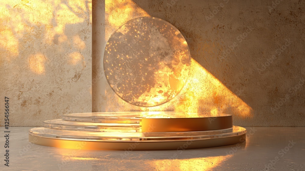Aufkleber abstract golden platform with circle backdrop and sunlight for product display mockup scene