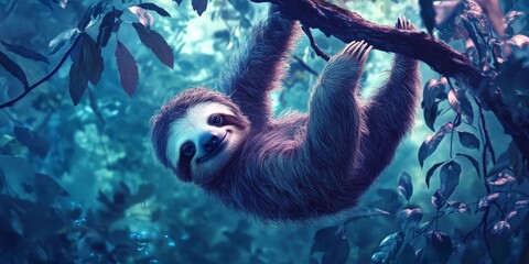 A sloth hanging upside down from a tree branch, looking relaxed
