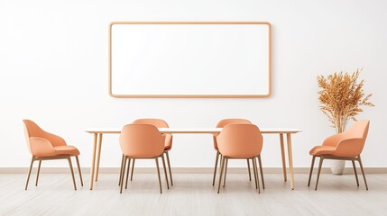 Modern minimalist dining area featuring orange chairs and a large blank wall mirror