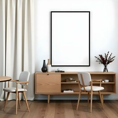 This is a modern interior scene featuring a smooth-surfaced wooden sideboard adorned with minimalist decor items, including a small vase and a few abstract objects. 