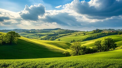Fototapeta premium Tuscan Rolling Hills: A Serene Landscape Under a Dramatic Sky