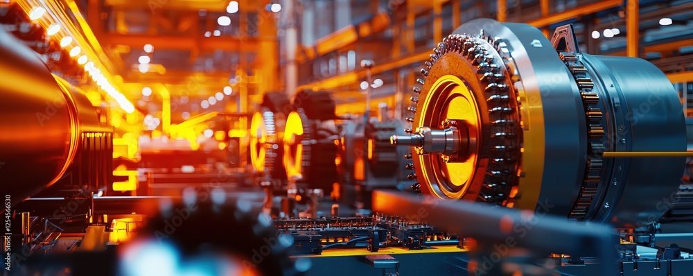 Poster industrial precision machinery gears in a factory setting with warm lighting and metal elements