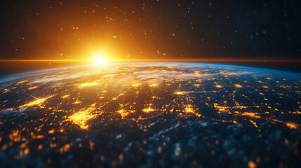 A digital display hologram HUD screen showcasing the Earth from space with an advanced technology interface, bright tones, and a blurred background, offering space for captions or text