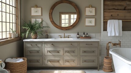 Chic bathroom setting with a neutral color palette brass framed round mirror and wooden accents