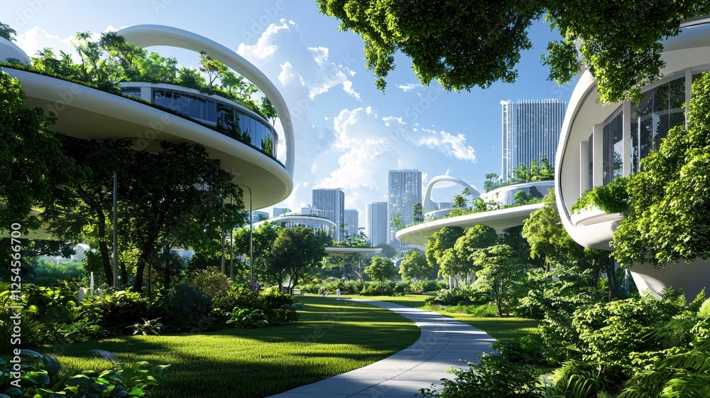 Poster futuristic cityscape with green spaces and modern architecture blending nature and urban design