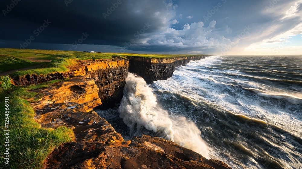 Poster dramatic coastal landscape of cliffs of moher with stormy sky and crashing waves on the ocean