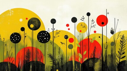 Abstract floral landscape; stylized plants, rounded hills, nature background; ideal for home decor