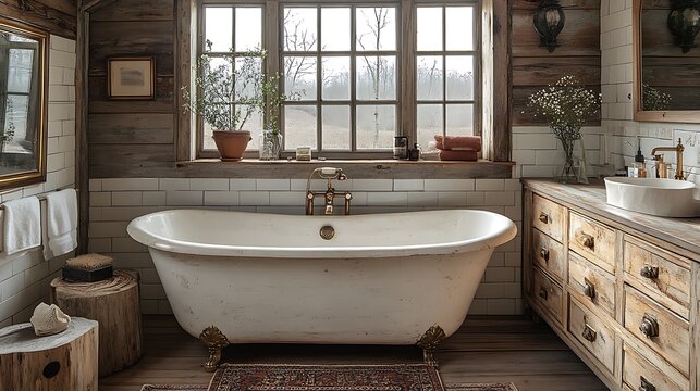Cozy vintage inspired bathroom with an old fashioned tub rustic wooden beams and brass framed mirror