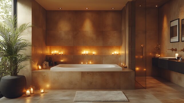 Tranquil bathroom with candles along the bathtub warm mocha mousse walls and brass fixtures for elegance