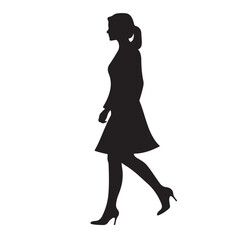 Silhouette of a Walking Woman with Skirt and Tied Hair – Vector Design