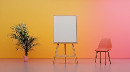 Minimalist interior scene featuring an empty easel, chair, and potted plant against a vibrant backdrop