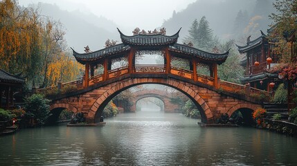 Serene autumn scene featuring traditional bridges over a tranquil river surrounded by lush mountains