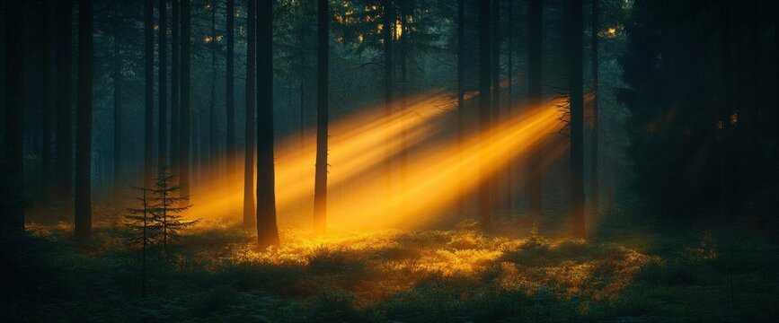 Golden Sunlight Rays In A Dark Forest - Powered by Adobe
