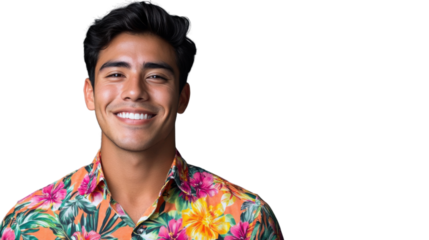 Young latin man smiling wearing hawaiian shirt on transparent background