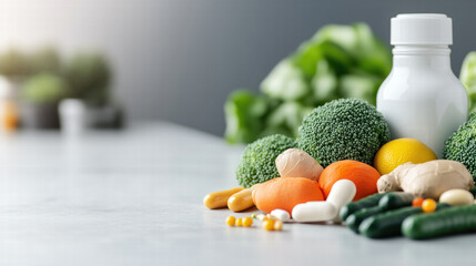 Fresh vegetables and dietary supplements displayed on a kitchen counter for healthy lifestyle promotion and nutrition advice