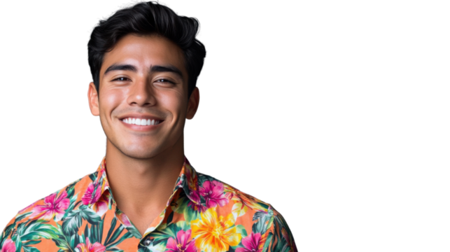 Young latin man smiling wearing hawaiian shirt on transparent background