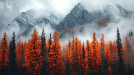 Majestic mountain landscape with vibrant orange trees under a misty sky, evoking tranquility