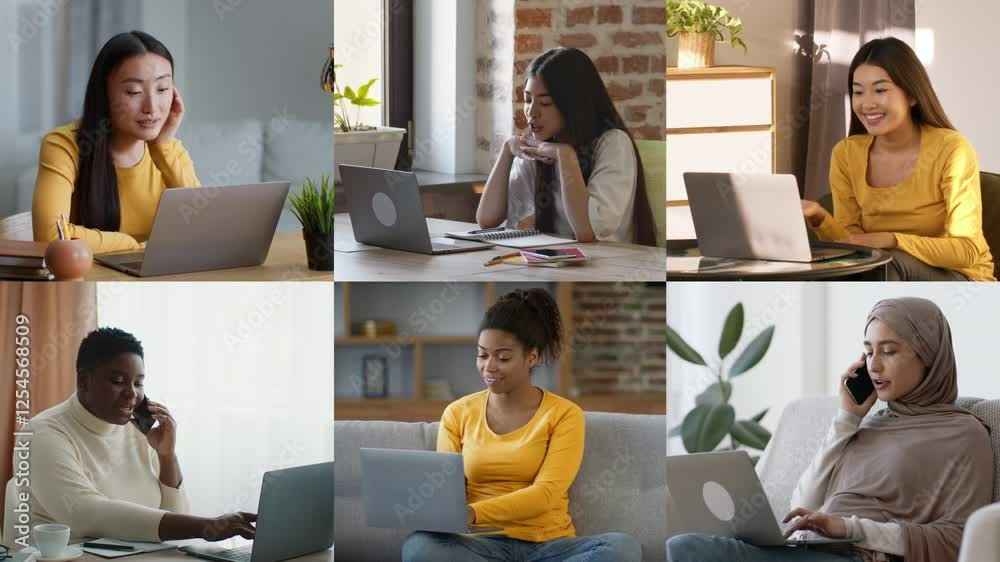 Poster A diverse group of individuals is seen engaged in various online activities at home. They exhibit distinct emotions and interactions while using laptops, showcasing remote work and communication.
