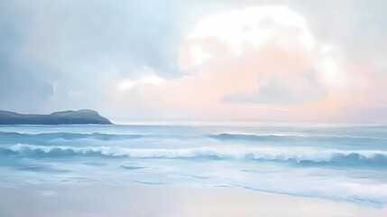 Obraz premium Serene Coastal Artwork Featuring Gentle Waves and a Distant Island Under a Pastel Sky