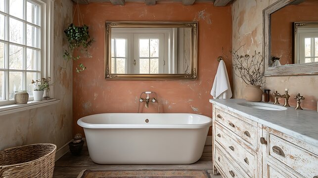 Elegant rustic themed bathroom with a unique brass framed mirror and warm mocha mousse walls