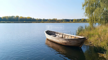 Fototapeta premium Wooden boat on calm lake, autumn trees, tranquil scene, peaceful nature