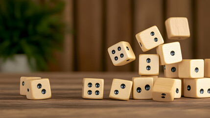 Wooden dice falling on wooden table; playful game background; photo use teaching probability; learning dice rolling