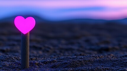 Fototapeta premium A glowing pink heart symbol on the beach at sunset, representing love and tranquility in nature.