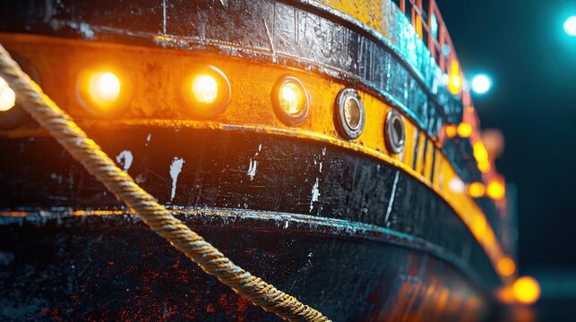 Moody Nautical Scene of a Historic Ship with Glowing Lights and a Thick Mooring Rope - Powered by Adobe