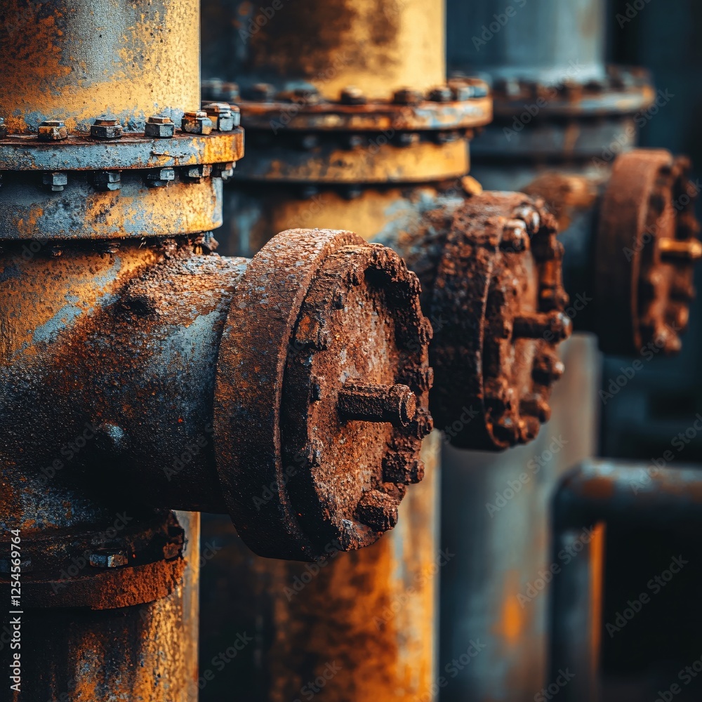 Aufkleber industrial pipes with rust detail showing wear and corrosion in a factory setting