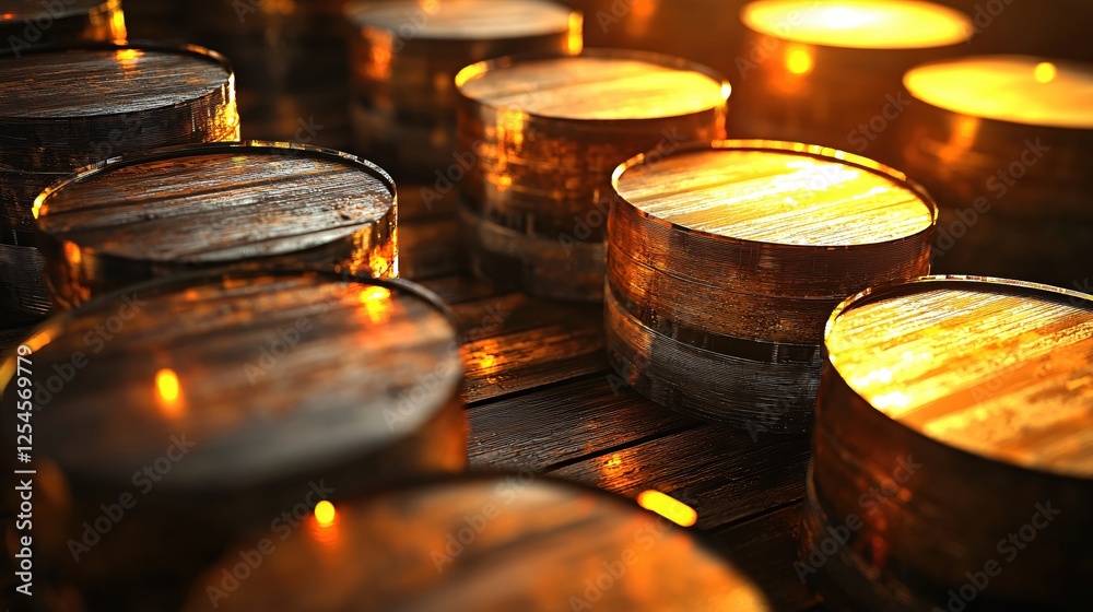 Leinwandbilder warm glow on rustic wooden barrels arranged in rows creating a cozy and inviting ambience