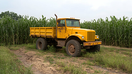 Obraz premium Yellow farm truck in cornfield