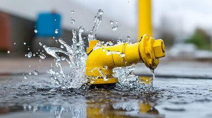 Yellow water main pipe splashing in puddle