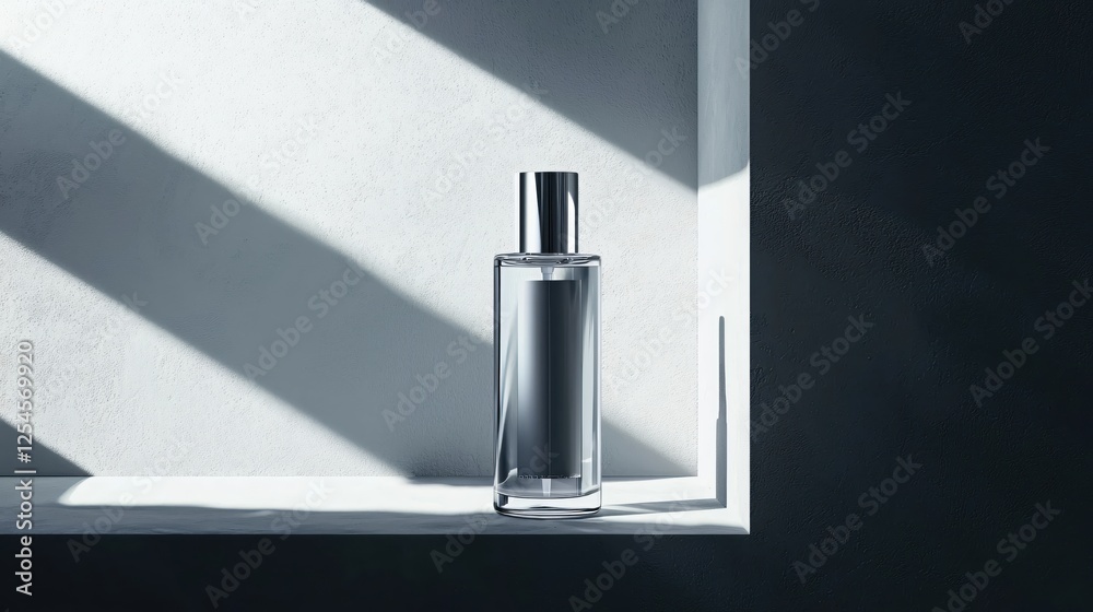 Poster Elegant perfume bottle on a shelf with light and shadow creating a minimalist aesthetic